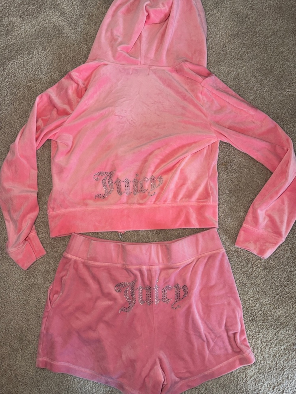 Juicy Couture Pink Rhinestone Velour Hoodie & Shorts Set